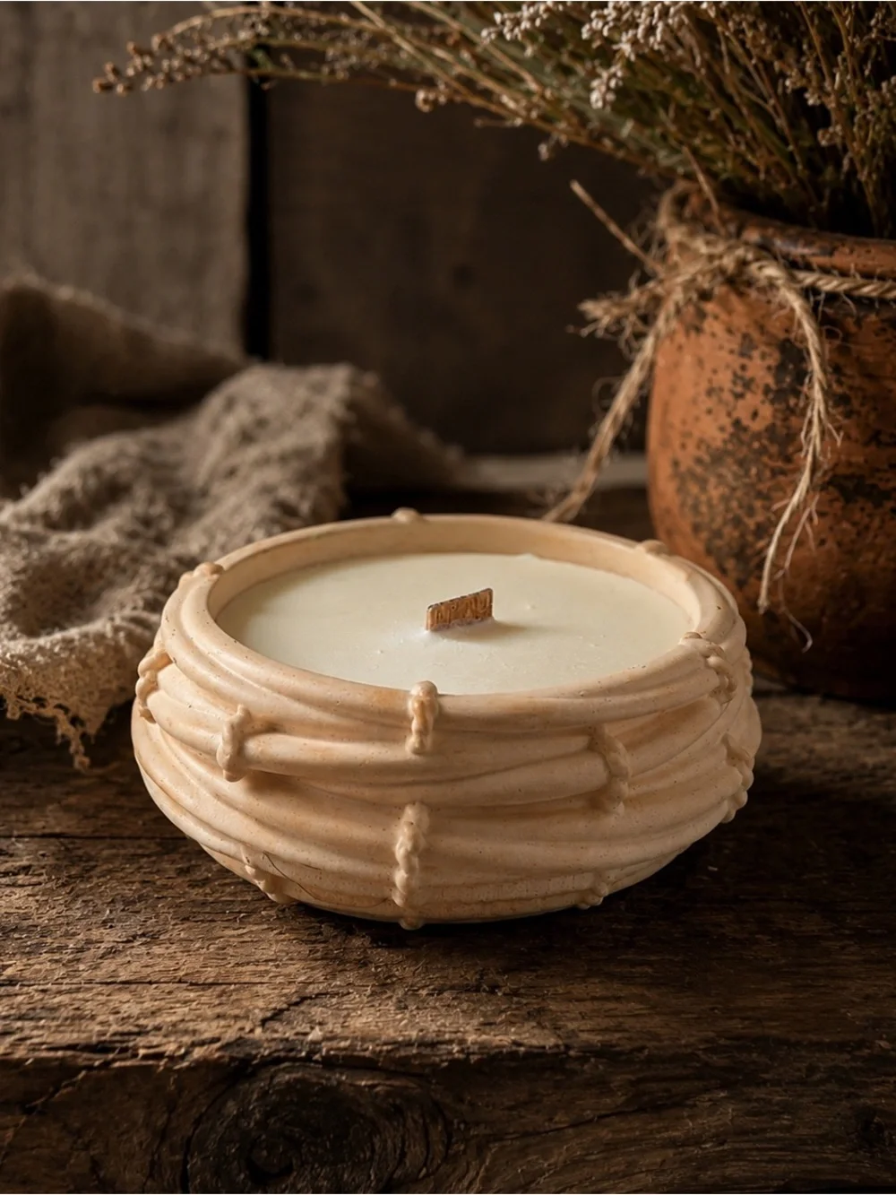 Cream Ceramic Bowl Candle with Wooden Wick - Home Accents